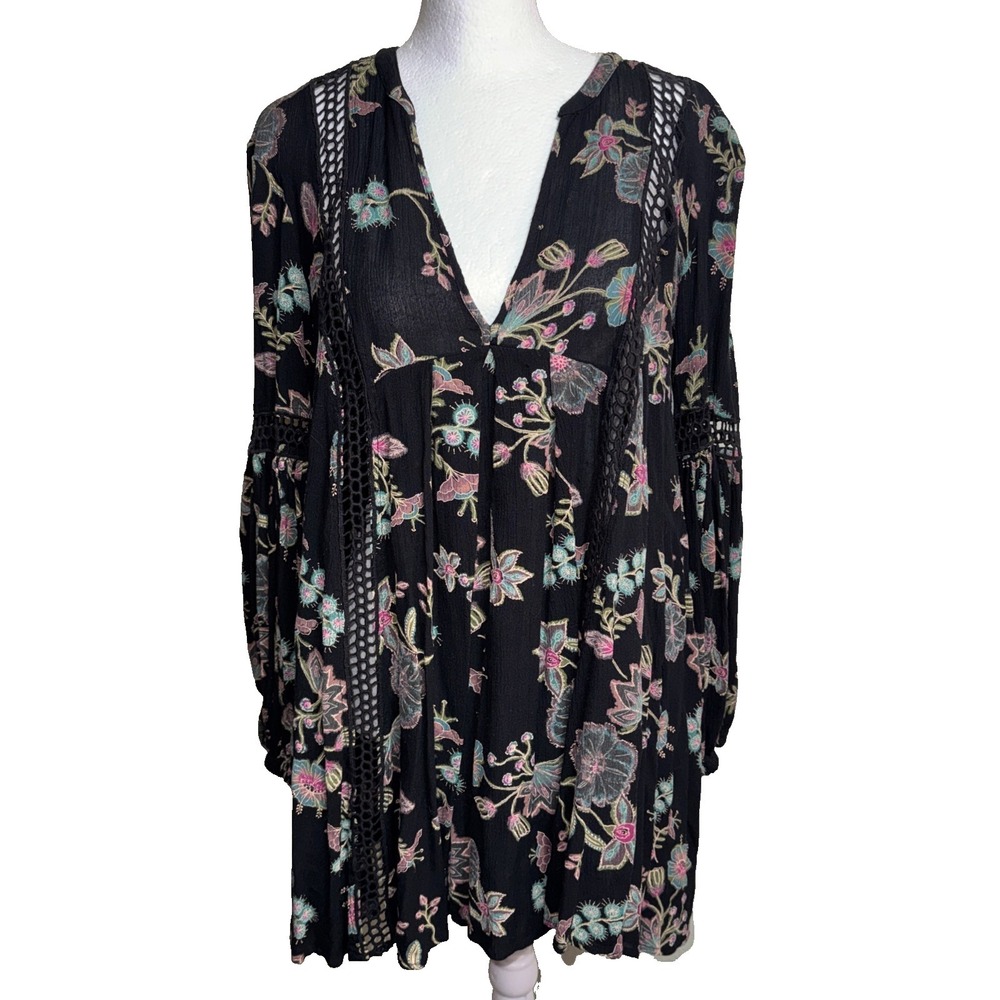 Free People Just‎ The Two Of Us Tunic Dress Small Black Floral Boho Floral Lace